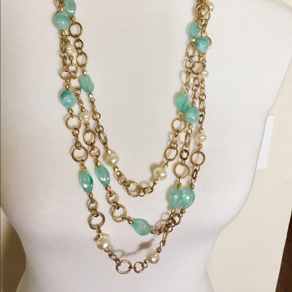 Coldwater Creek Sea-Green & Gold Link Necklace